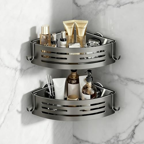 Shower Caddy Suction Corner Bathroom Suction Shelf Shelves No Drilling Tidy Aluminum Storage Gunmetal Gray Organiser Shampoo Soap Razor Holder Wall Mounted 2PC