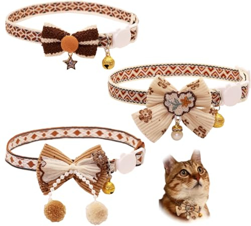 3 Stück Katzenhalsband mit Glöckchen, Katzenhalsband mit Sicherheitsverschluss, Katzen Halsbänder verstellbares Cat Collar süßes Kätzchenhalsband ideal für Katzen