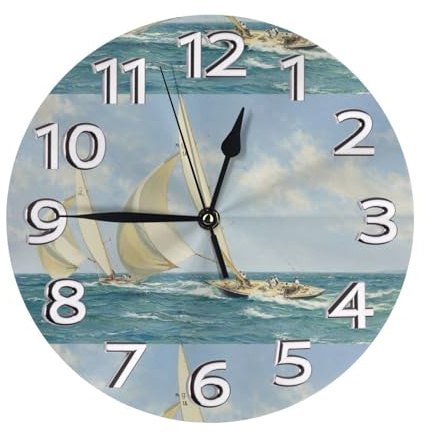 YHLKLWKSZC Orologio da parete rotondo a forma di nave a forma di barca con numeri rotondi da 25,4 cm, silenzioso, senza ticchettio, per bagno, camera da letto, soggiorno, cucina, ufficio
