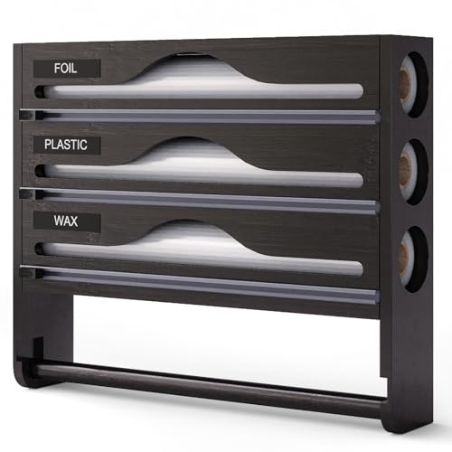 Distributeur Film Alimentaire et Papier Aluminium 3 en 1 – Support Cuisine Bambou avec Coupeur Précis, Porte Sopalin Mural/Tiroir, Rangement Organisé pour Rouleaux 30 cm (Noir, Trois étages)
