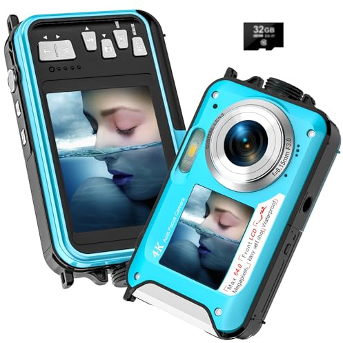 Unterwasserkamera, Yixinxin Digitalkamera wasserdichte UHD 4K 64MP Autofocus mit Einer 32GB Karte Selfie Doppelte Bildschirme wasserdichte Kamera zum Schnorcheln