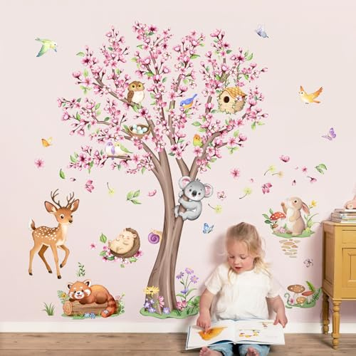 Supzone Wandtattoo Baum Kirschblüte Rosa Groß Wandsticker Waldtiere Fuchs Hirsche Hase Wandaufkleber Kinderzimmer Mädchen Babyzimmer Schlafzimmer Wanddeko