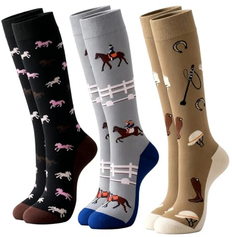 Xkqjlp 3 Pairs Horse Riding Socks Equestrian Women Knee High Socks Horse Socks for Women Girls Novelty Gift for Horse Lovers