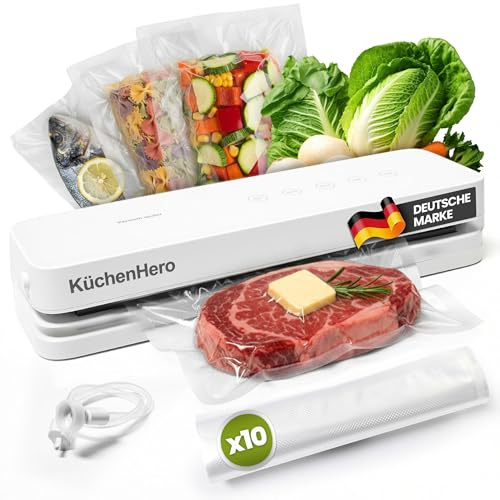 KüchenHero Vakuumierer mit Glasoberfläche & Touch – Premium Vakuumiergerät Weiß – Inkl. 10 Beutel & Schlauch – 5 Modi (Dry/Moist/Pulse) – Leises Folienschweißgerät für Sous Vide & Lebensmittel