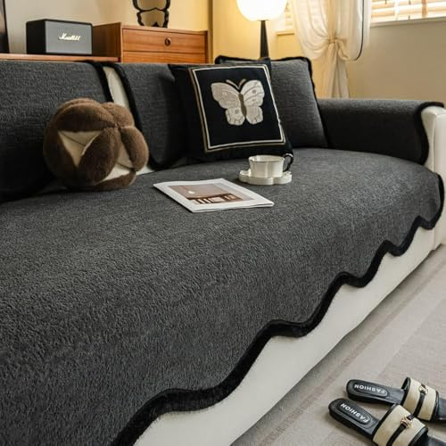 Uguli Chenille Sofa Cover, Fleece Non-Slip Couch Covers with Wavy Edge Design, Cosy Sofa Slipcovers, Washable Couch Cushion Cover, Furniture Protector for Kids and Pets Gray 45x45cm Cushion Cover