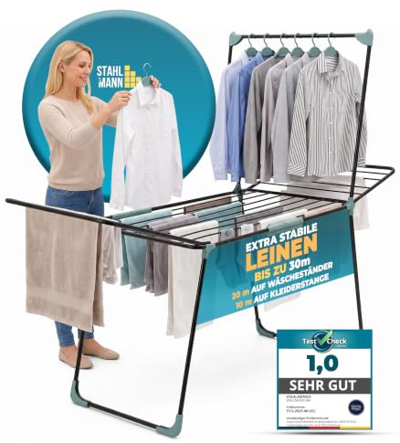 STAHLMANN® Wäscheständer Schwarz XXL [30 m Trockenfläche] klappbar | 20 m Flügel + 10 m Kleiderstange | inkl. 3 Kleiderbügel | 2-in-1 Trockensystem | Sockenhalter | platzsparend