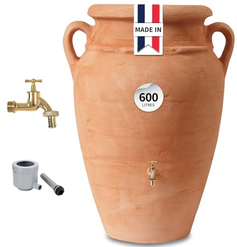GARANTIA Amphore Antik Recuperateur d Eau de Pluie Kit 600L Terracotta Gris | Robinet Laiton, bac à Plantes, collecteur Eco de Luxe