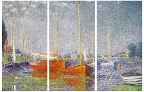 1art1 Claude Monet Poster Die Roten Boote, Argenteuil 1875, 3-Teilig Bilder Leinwand-Bild Auf Keilrahmen | XXL-Wandbild Poster Kunstdruck Als Leinwandbild 180x120 cm