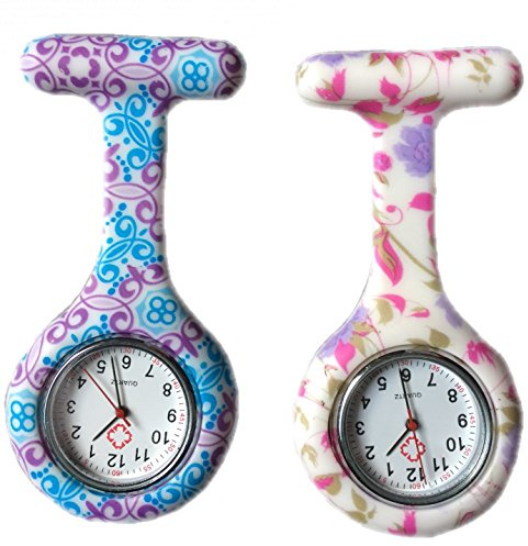 Boolavard Frauen-Mädchen Mode-Blumen Krankenschwester Clip on Fob Brosche Silikon Gelee Hängende Taschen-Uhr, 2er-Pack