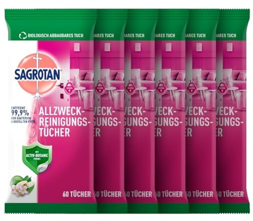 Sagrotan Allzweck-Reinigungstücher Blütenfrische und grüner Apfel, gegen 99,9% der Bakterien, 6er Pack (6 x 60 Stück)