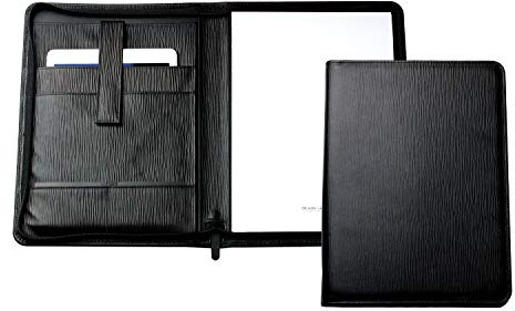 DELMON VARONE - Personalisierbare Tablet Schreibmappe DIN A4 aus Premium Manhattan Leder schwarz, Organizer Konferenzmappe mit Notizblock und Stiftschlaufe, Dokumentenmappe mit Reißverschluss