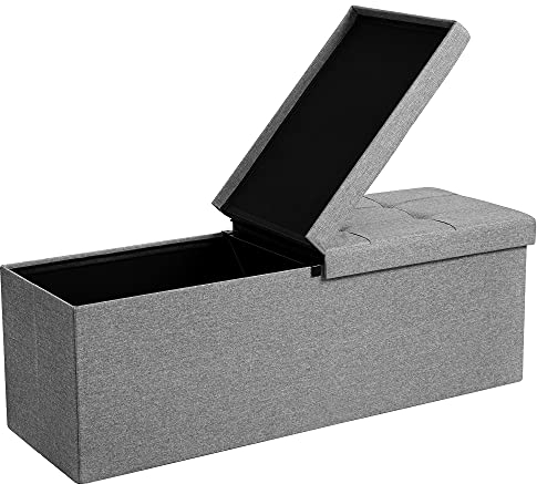 SONGMICS Sitzbank mit Stauraum, klappbare Sitztruhe, Aufbewahrungsbox, 38 x 110 x 38 cm, Deckel klappbar, bis 300 kg belastbar, für Flur, Wohnzimmer, Schlafzimmer, Aschgrau LSF71G