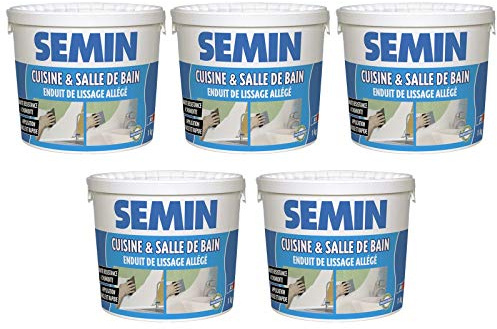 SEMIN Enduit de Lissage Hydro Allégé – Spécial Cuisine & Salle de Bain – Haute Résistance à l’Humidité – Prêt à l’Emploi – Application Facile – Avant Peinture & Revêtement Mural – 5 Seaux de 1 kg
