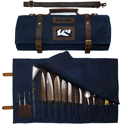 Waxed Canvas Chef Knife Roll - 15 Knife Slots, Card Holder and Zippered Pocket - Genuine Leather and Brass Buckles - Knives Not Included (Blue)