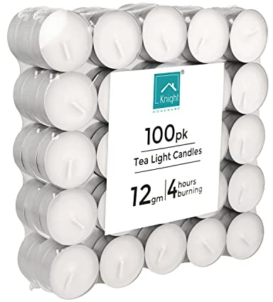 Knight Unscented Tea Light Candles, Organic Premium Grade Paraffin Wax Tealights, Perfect for Home Decoration Parties Wedding Events Outdoor and Indoor (Burning Time: 4 Hours, 100pck)