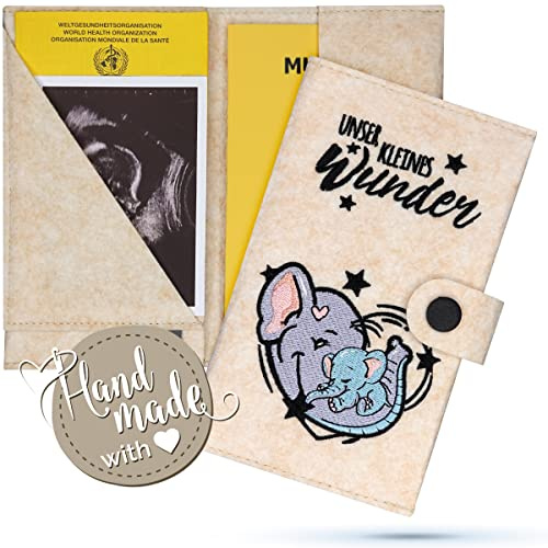 Emadele Mutter-Kind-Pass Hülle Elefant 'Unser Kleines Wunder' Beige aus Filz Handmade. Mutterkindpass Organizer Fächer für Ultraschallbilder, Impfpass-Hülle Format für Östereichischen Mutterpass