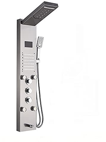 Shower Set Panneau de Douche Affichage Numérique Colonne de Douche Hydromassante Ensemble de Douche, avec LED Tête de Douche, Douche à Main, Jets de Massage, Robinet de Baignoire,Brushed Nickel