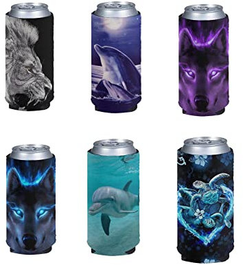 Pizding Dosen-Kühlerhülle für Trinkflaschen mit Wolf-Delfin-Muster, schmale Standardhalterungen, Kühltasche, blanko, für 30 ml, 40 ml, 680 ml, 6 Stück