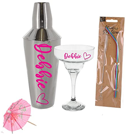 Personalised Cocktail Mixer Shaker With Matching Glass Gift Kit Set Cocktail Making Bundle (Full Margarita Set)