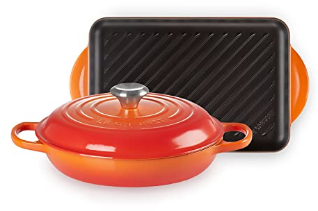Ensemble de 2 pièces en fonte Le Creuset, contient une cocotte peu profonde de 26 cm avec un gril rectangulaire de 32 cm, volcanique