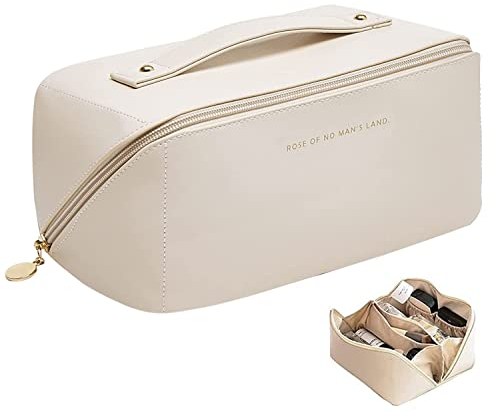 Reise Kosmetiktasche Mit Großem Fassungsvermögen,Tragbare Reise Make Up Tasche, Wasserdichter Lede-Organizer,Multifunktionale Kulturtasche Mit Trennwand Tasche Organizer (Beige)…