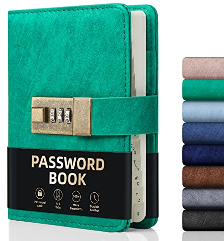 WEMATE Passwortbuch mit Schloss, Passwortbuch mit alphabetischen Registerkarten, 600+ Passwortplatz, Passwort-Organizer, Logbuch mit Schloss (Grün-1)