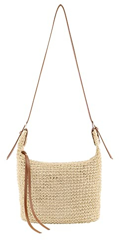 Faletony Stroh Umhängetasche Damen Strohtasche Korbtasche Sommer Stroh Tasche für Reisen, Verabredung und Urlaub (Beige)