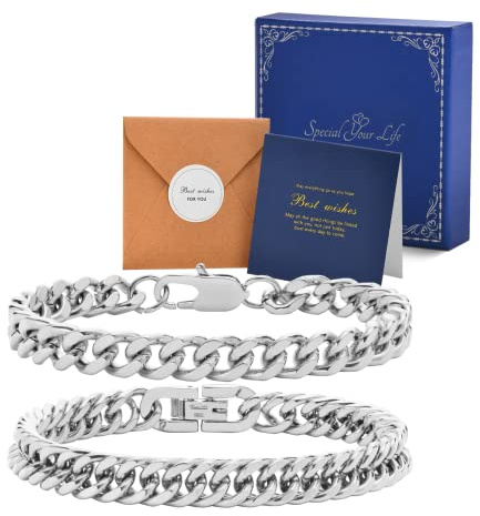 VNOX 2 Stück kubanische Gliederkette Armband für Herren Stabile Edelstahl Panzerkette Breite kubanische Gliederkette Armband Set für Männer Vater Ehemann, Edelstahl