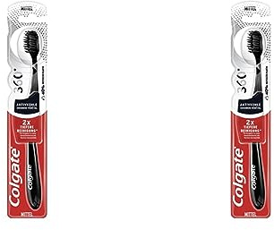 Colgate Zahnbürste 360° Aktivkohle,1 Stück – mit mittelharten Borsten und Aktivkohle für eine gründliche Zahnreinigung – integrierter Wangen- und Zungenreiniger (Packung mit 2)