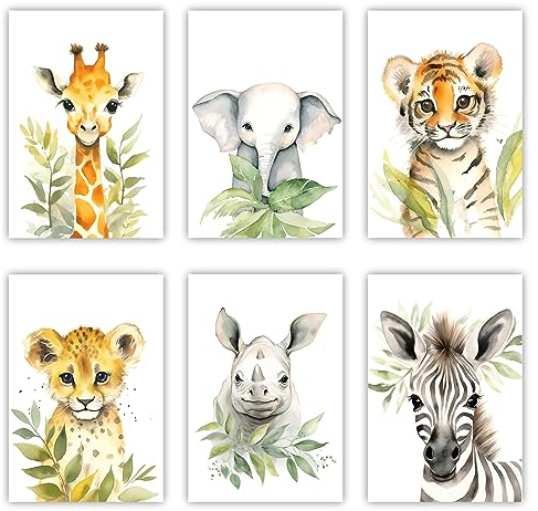 LZIMU Baby Safari Tiere Kinderzimmer Bild auf Leinwand 6 Stück süße Giraffe Elefant Tiger Leopard Nashorn Zebra Poster Leinwand Bild Kinderzimmer Dekoration (Kein Rahmen, 40.00x60.00cms x6)