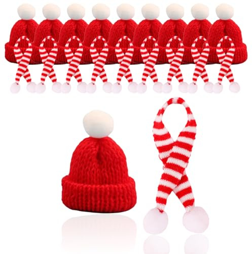 EODKSE 20er Pack Mini Weihnachtsmützen und Schals, Strickmützen-Set für Weinflaschen, Puppenhäuser und Weihnachtsfeiern - Klein, Aber fein im Nikolaus-Look!