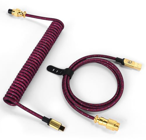 MAMBASNAKE C03 Coiled USB C Kabel für 8000 Hz Gaming-Tastatur-Rosenrot | Geflochtenes Tastaturkabel, Typ C bis USB A, Braided Cable USB C, Spiral Tastaturkabel Typ C, 24K-Gold-Luftfahrtanschluss