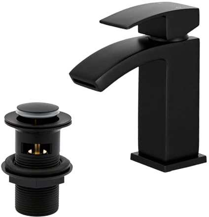 Waterfall Bathroom Sink Taps with Drain, BATHWEST Matte Black Square Basin Taps with Pop Up Waste, Monobloc Brass Bathroom Taps with Sink Plug 322MB