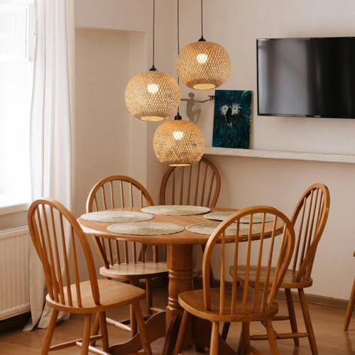 COOYO Vintage Bambus Lampe Rattan Kronleuchter Hand-geflochtenen Lampenschirm Geeignet Für Esszimmer Und Haus Dekoration (Glühbirne Nicht Enthalten)