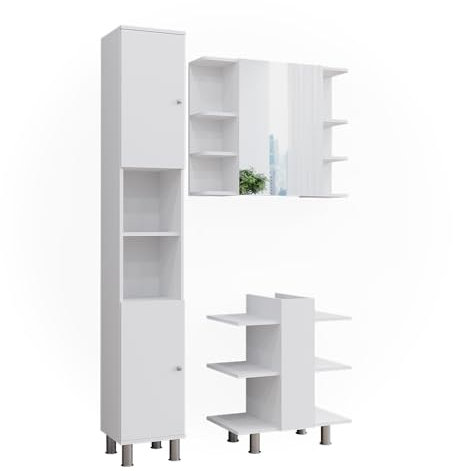 Vicco Badmöbel-Set Weiß Fynn, bestehend aus Bad Spiegelschrank, Waschbeckenunterschrank, Hochschrank - mit Fächern für Flexible Aufbewahrung