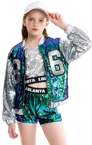 LOLANTA 4 Pezzi di Ragazze con Paillettes Costume da Ballo per Bambini Hip-Hop Stree Abiti da Ballo Set Calze attaccare, Verde, 6-7 anni, 130