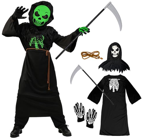 Bseical Costume Halloween Luminoso Scheletro 4-12 Anni, Vestito Fantasma Con Falci per Bambino, Giochi Di Ruolo, Carnevale (M)