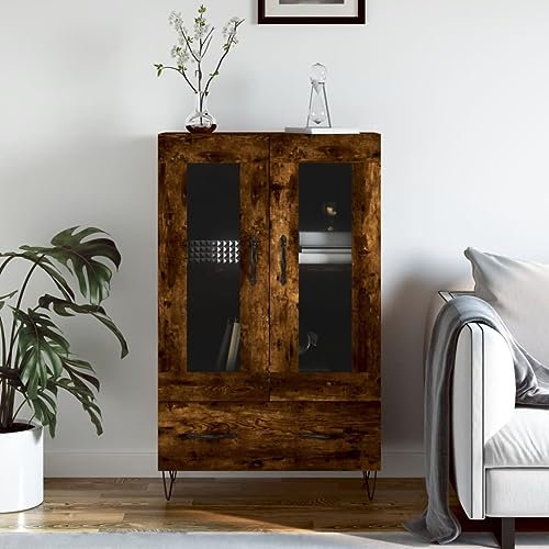Generisch Sideboard 69,5x31x115cm Eiche geräuchert Holzwerkstoff, Metall, Glas Küchenschrank Vorratsschrank Wäscheschrank Bücherregal Ablagekorb Gartenschrank Fernsehschrank schmal