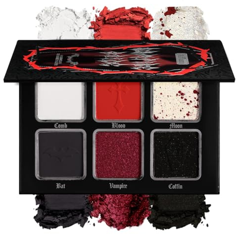 DE'LANCI svart röd ögonskugga palett, röd vit mörkgrå goth smoky eyeshadow palett, 6 färger matta Shimmer Bourgogne Metallic Halloween Makeup Palett för zombie vampyr clown