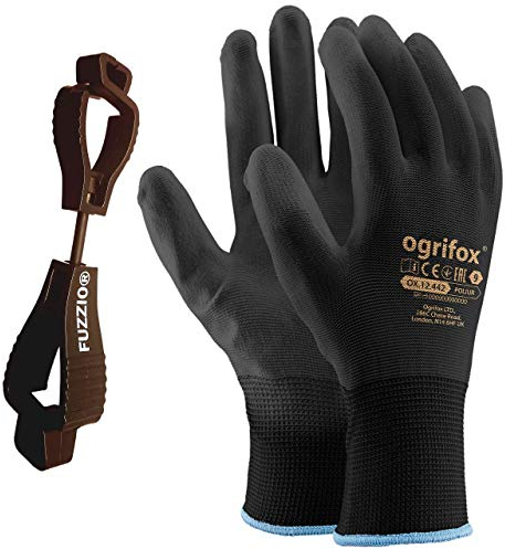 FUZZIO 12 Paar Arbeitshandschuhe Herren Gr 8, Mechaniker Handschuhe, Gartenhandschuhe Herren, Arbeitshandschuhe Damen, Montagehandschuhe, Polyurethan Beschichtung mit Handschuhclip