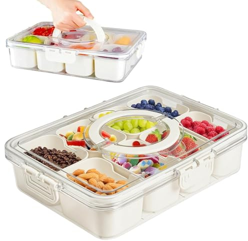 Leerweii Snacktablett mit Deckel und Griff, 8 Fächer, geteiltes Serviertablett, tragbare Snackbox mit Fächern, geteilte Platte für Gemüse, Obst, Süßigkeiten, Nüsse, Gewürze für Picknick, Party, Reisen
