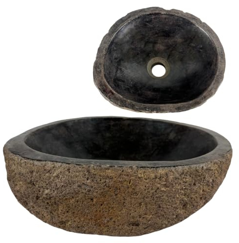 Lendo Online Handfat oval (30–35) x (25–30 cm) cm flodsten - natursten - handfat för badrum - handfat - tvättställ - unik form och färg - polerad och solid - koppar