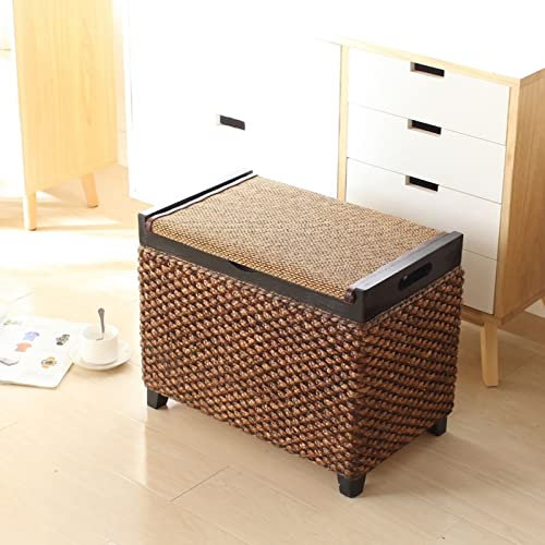 Handgefertigter rustikaler Rattan-Hocker mit Stauraum, gewebtes Seegras, Fußhocker mit Stauraum, Bettbank für Wohnzimmer