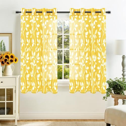 MRTREES Tende Trasparenti in Voile Corte con Occhielli per Interni Finestre Camera da Letto 2 Pezzi, 140x160 CM, Tenda Gialle con Stampa di Foglie per Cucina Soggiorno Salotto Eleganti