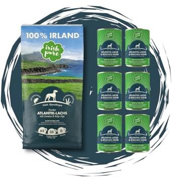 Irish Pure Atlantik Lachs Adult - Hundefutter - 12kg + 6x390g - getreidefreies Trockenfutter & Nassfutter – hypoallergen mit Kelp-Alge & Gemüse – Single Protein – natürlich & sensibel - Sparpaket