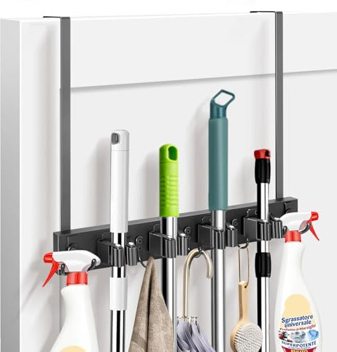 Mop and Broom Holder Over the Door, Wood Broom Hanger, Broom and Mop Organizer with 4 Slots and 7 Hooks, Drilling-Free Mop and Broom Holder for Garage, Laundry Room, Broom Hanger and Storage Tool
