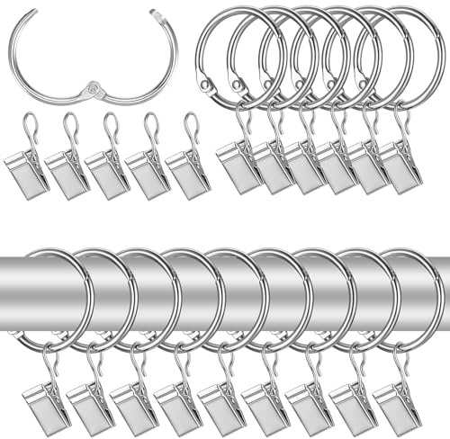 50 Pcs Curtain Rings with Clips Curtain Clips Curtain Rings and Hooks | Metal Curtain Hooks Metal Clips Curtain Pole Rod Ring Clips for Hanging Heavy Curtains and Drapes