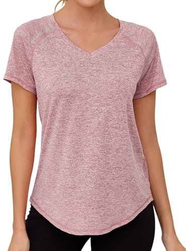 Gyabnw Damen Sport Fitness T-Shirt Kurzarm V-Ausschnitt Atmungsaktiv Funktionsshirt Leichtes Sport Oberteile Damen Top Für Fitness
