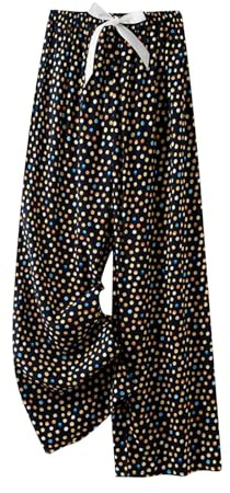 Women's Pajama Bottoms Summer Soft Wide Leg Lounge Pants Vintage Ethnic Style Printed Cotton Linen Cropped Trousers Nightwear Comfy Elasticated Waist Sleep Pants for All Seasons One Size