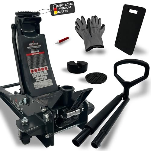 LUKONA® Gato hidráulico 3T (83 – 500 mm) – Pedal extra – Mango en D – Incluye pasador de neumático, rodilleras y guantes – Gato hidráulico para coche (antracita)